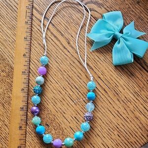 Kids Beaded Necklace with Bow - Turquoise and Purple